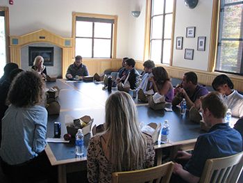 Students have a meeting and lunch with Paula Kerger.